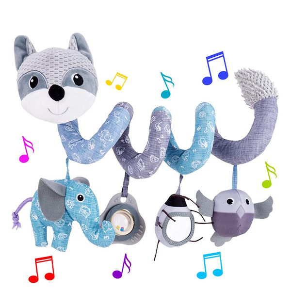 HILENBO Car Seat Toys, Infant Baby Spiral Activity Hanging Toys for Car Seat Stroller Crib Bassinet Mobile with Music Box BB Squeaker Rattles-Gray Fox