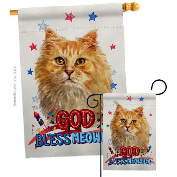 Breeze Decor Patriotic Ginger Long Hair Garden House Flag-Set Cat Kitten Meow Spoiled Paw Fur Pet Nature Farm Animal Creature Decoration Banner Small Yard Gift Double-Sided, Made in USA