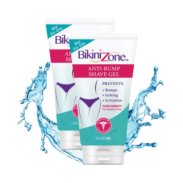 Bikini Zone Anti-Bumps Shave Gel - Close Shave w/No Bumps, Irritation, or Ingrown Hairs - Dermatologist Recommended - Clear Full Body Shaving Cream﻿﻿ (5 oz, Pack of 2)
