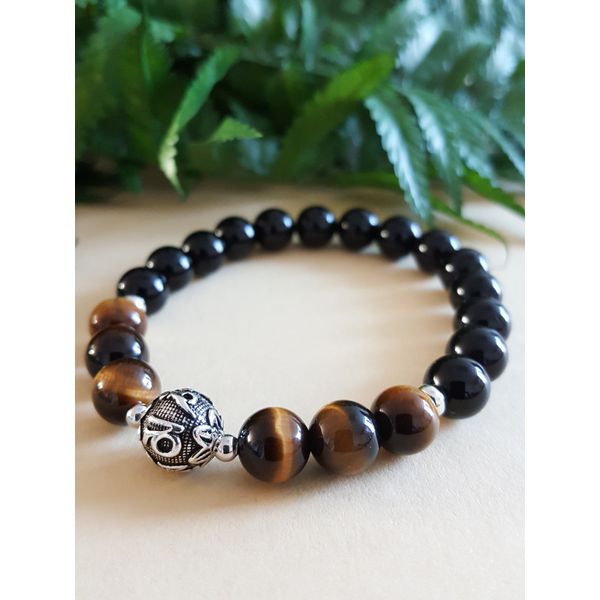 Prayer Bracelet, Buddhist Bracelet, Lucky Full of Hoanseok Point Om Mani Padme Hum (925 Silver Oil Painting) Onyx Prayer Bracelet