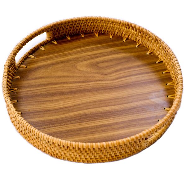 Round Rattan Decorative Tray with Natural Wood - Vanity Trays - Fruit Baskets - Small Serving Tray (13 inch)