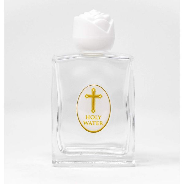 Catholic Gift Shop Lourdes Gifts - Glass Holy Water Bottle (white rose top) - Containing Lourdes Water + Lourdes Prayer Card