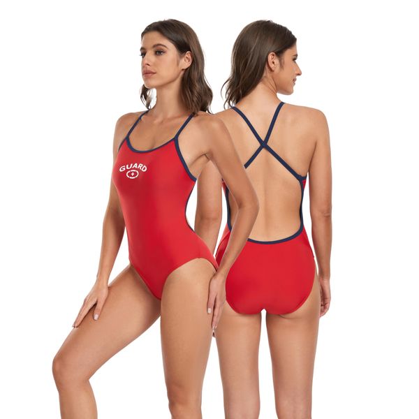 Adoretex Women's Guard Cross Back One Piece Swimsuit- FGP07 - Red/Navy - 32