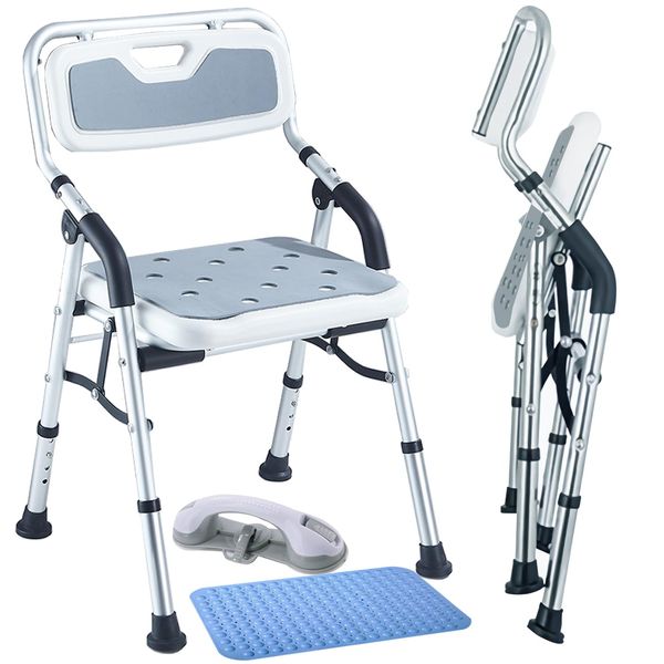 Youabubu Shower Chair, Foldable, Gray, Bath Chair, Lightweight, Durable, Aluminum Alloy Frame, Nursing Supplies, Bath Chair, Anti-fall, Bench, Stand Assistance, 4 Height Adjustable, Load Capacity