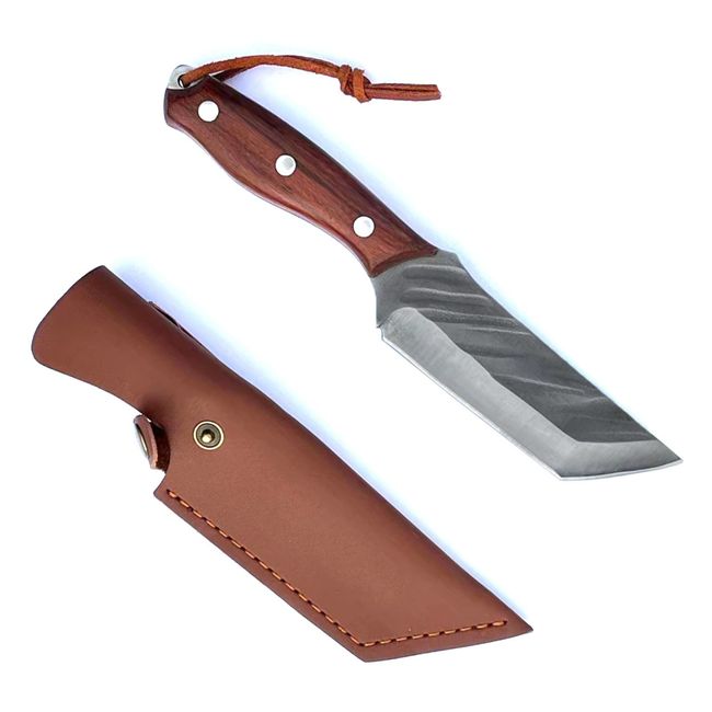 Irai Utaki Eel Cutting Knife, Outdoor Knife, Full Tang Construction, Fishing, Stainless Steel, Red Wood Grip, Sheath Knife for Fishing, Camping, with Leather Storage Sheath (Bone Cutting Knife, Blade