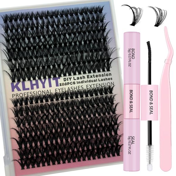 DIY Eyelash Extension Kit with 280 Pcs 50D Lash Clusters, Bond and Seal and Lash Tweezers 9-16mm Mix Individual Lashes Kit for Eyelash Extensions Beginners Self Application DIY at Home, by KLHYIT