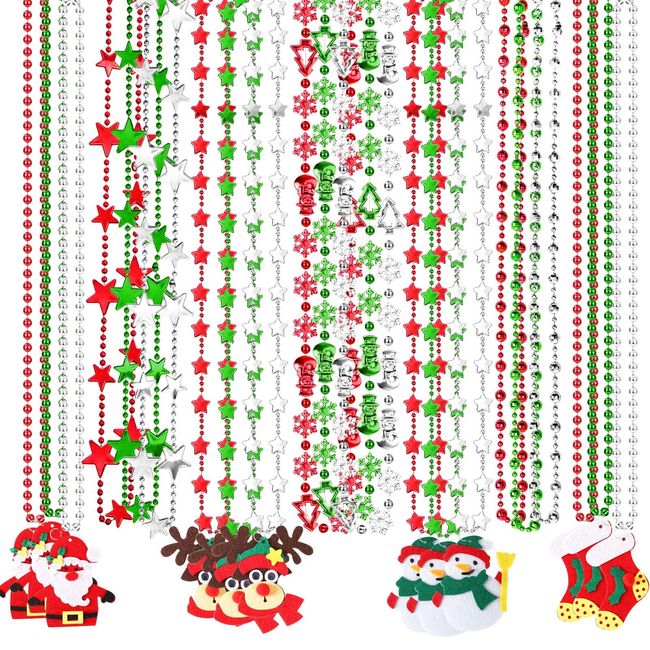 NOVWANG 21Pcs Christmas Necklaces Metallic Bead Red White Green Necklace with Santa Claus Christmas Tree Snowman Elk Snowflake for Christmas Memorial Day Party Favors Supplies Decorations, 7 Style