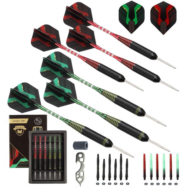 6pc Steel Tip Darts Set - Professional Darts Steel Tip for Dartboard - Includes Barrels + Plastic / Aluminum Shafts + O'Rings + Flights + Sharpener + Wrench (20g Red/ 22g Green -10422)