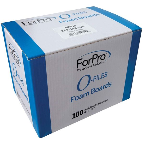 ForPro O-Files Foam Board, Double-Sided Manicure Nail File, 100/180 Grit, Individually-Wrapped, 6” L x .75” W, White, 100-Count