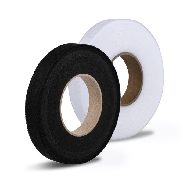 SAVITA 2 Rolls 140 Yards Hem Tape, Iron-On Hemming Tape, No Sew Fabric Fusing Tape Fusible Web Tapes for Pants Jeans Trouser Skirt Fabric Clothes (Black 0.4inch, White 0.6inch in Width)