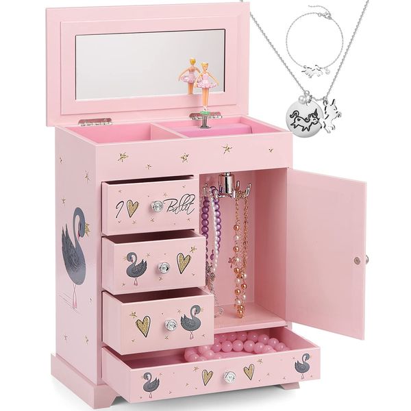 efubaby Large Jewelry Box for Girls 5 Layer Musical Box with Swing Door Spinning Ballerina, Unicorn Jewelry Set Included Jewelry Box Organizer for Girls Kids Jewelry Box Birthday Christmas Gift Pink