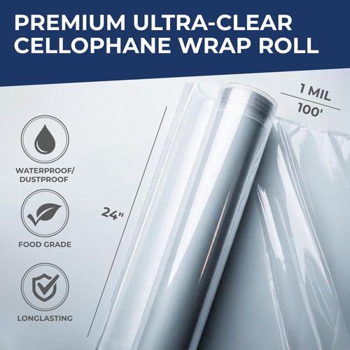 Clear White Cellophane Wrap 24'' x 100' Roll - Colored Cellophane Sheets for Craft Baskets, Gift Wrapping Supplies, Plastic Wrap for Gift Baskets