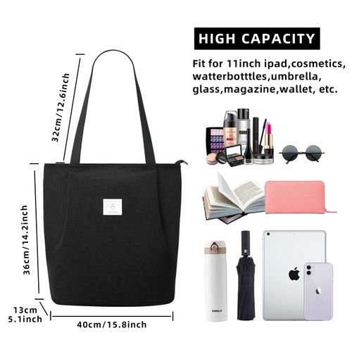 KALIDI Waterproof Cord Tote Bag with Zip, Women's Large Shopper Bag, Handbag Large Capacity Shoulder Bag for Work, Office, Travel, Shopping, School and Everyday Life, black