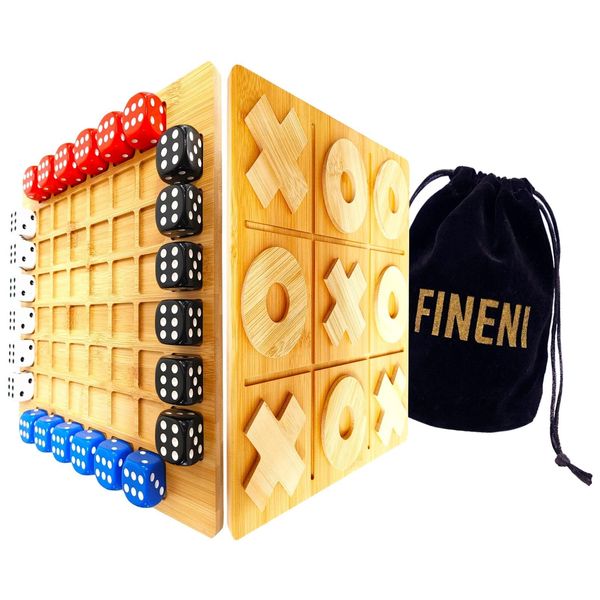 FINENI Dice Battle and TicTacToe Dual Sides Board Games, Wooden Coffee Table Games for Adults, 2~4 Player Bar Dice Games, Indoor Tabletop Game & 4 Players Wood Table Top Dice Game (Dual(2~4)/Log)