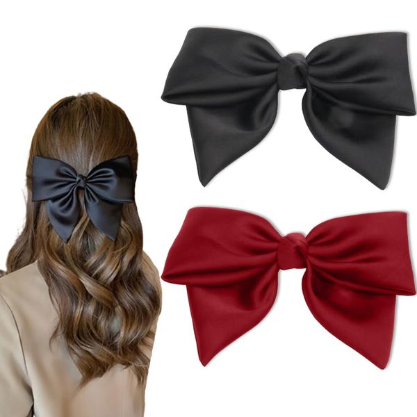 INGJIA 2 Stück Damen-Haarspangen mit Schleife, Haarspangen aus französischem Stoff für Frauen, Haarspangen mit Schleife, eleganter Satin-Haarschmuck für Mädchen (Schwarz und Rot)