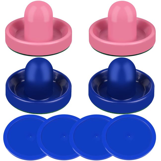 ONE250 Air Hockey Pushers and Blue Air Hockey Pucks, Goal Handles Paddles Replacement Accessories for Game Tables (4 Striker, 4 Puck Pack) (Pink & Blue)