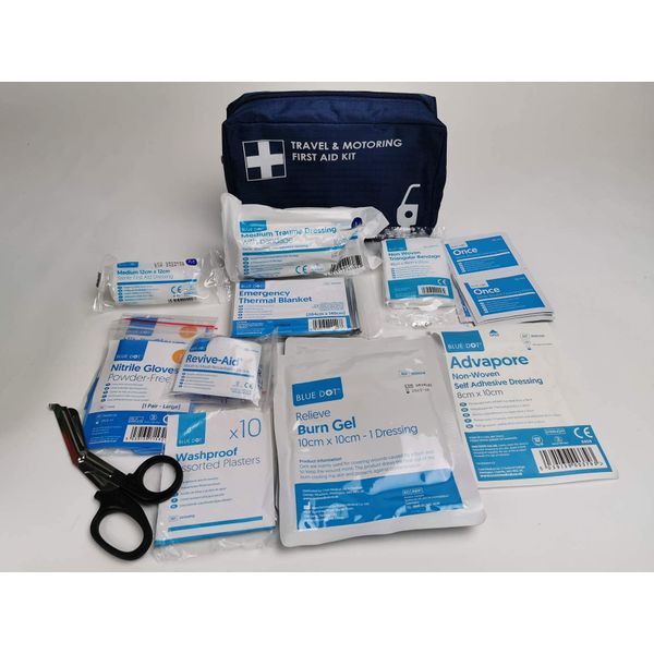 Travel & Motoring First Aid Kit BS 8599-1 (2019) Compliant in a Blue Zip Bag.