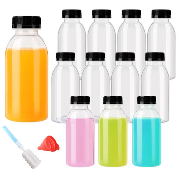 YBCPACK 12 Pack 300ml Heat-Resistant Reusable Plastic Juice Bottles With Lids-Plastic Smoothie Bottles-Empty Bulk Beverage Containers with Caps For Juice, Beverage(Dishwasher Safe)