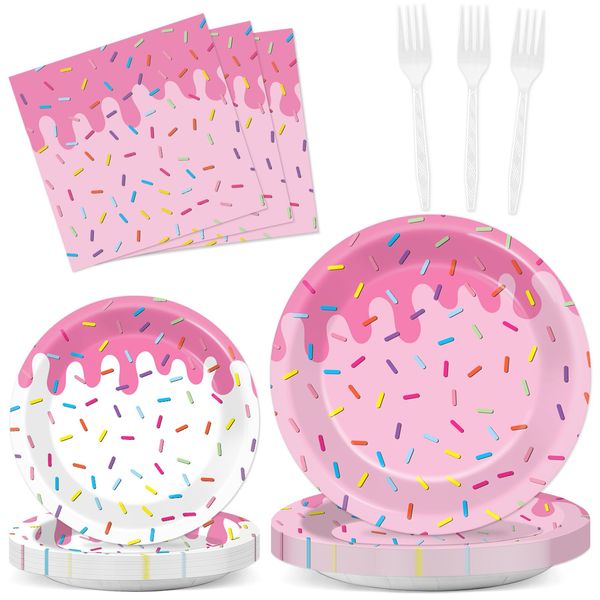 CHUNNIN 96Pcs Donuts Birthday Party Plates and Napkins Donut Themed Party Decorations Pink Donut Party Dessert Plates Donut Tableware Set for 24 Guests Grow Up Themed Baby Shower Party Favors Supplies