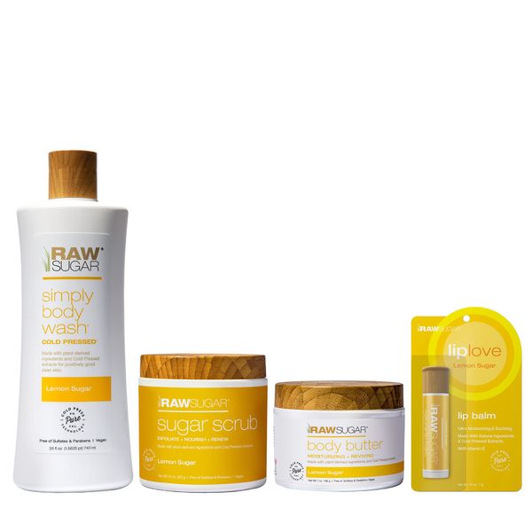 Raw Sugar Lemon Sugar Body Love Bundle - Hydrating,Moisturizing Body Wash, Body Scrub, Body Butter & Lip Balm, Clean, Made with Plant-Derived Ingredients, Formulated without Sulfates and Parabens