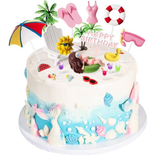 Junkin 21 Pcs Swimming Pool Cake Decoration Summer Pool Cake Topper Coconut Tree Chair Umbrella Watermelon Sun Swimming Pool Party Decorations Beach Cake Toppers for Summer Beach Party Supplies (Girl)