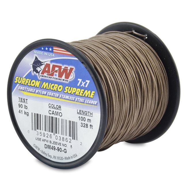 American Fishing Wire Surflon Micro Supreme Nylon Coated 7x7 Stainless Steel Leader Wire, Camo Brown Color, 90 Pound Test, 5-Meter