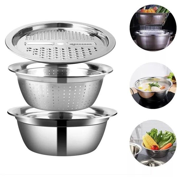 3 in 1 Vegetable Slicer Cutter Drain Basket Bowl Grater Stainless Steel Kitchen