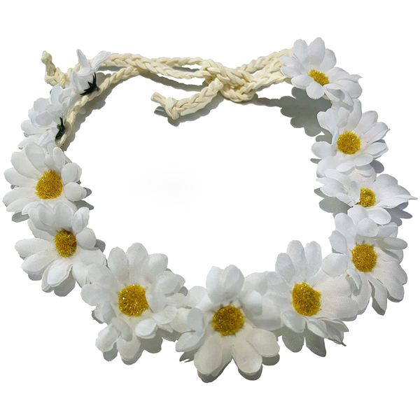 3Pcs Adjustable White Daisyflower Headband Sunflower Crown Boho Floral Hair Wreath Headpiece for Women Girls Beach Festival Party Wedding Hippie Costume