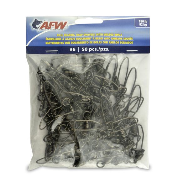 American Fishing Wire Black Ball Bearing Snap Swivels (50 Piece), Size 6, 180 Pound Test