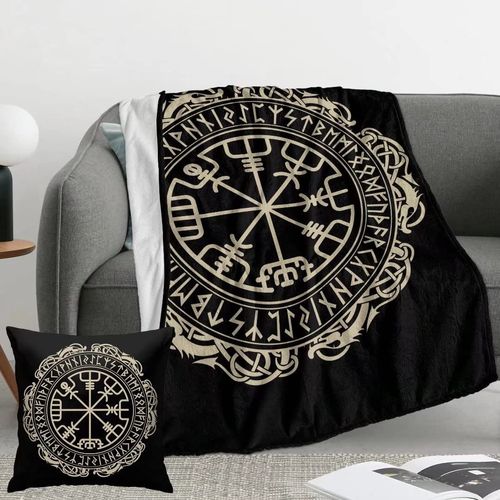 Viking Throw Blanket 50x40 Inch, Viking Design Magical Runic Compass Lightweight Soft Microfiber Throw Blanket with 18x18 Inch Pillowcase Perfect for Bed and Sofa