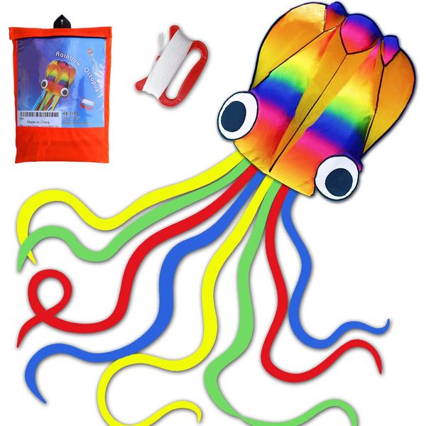 14ft R2F Rainbow Soft Octopus Kite for Kids and Audlts-Large Kite with 11.5ft Long Tail and 200ft Flying line-Easy to Fly Toy for Outdoor Games Beach and Activities