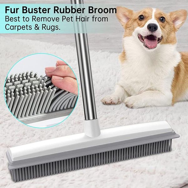 Pet Hair Removal Rubber Broom, 47" Long Handle Floor Brush for Carpet, Gray