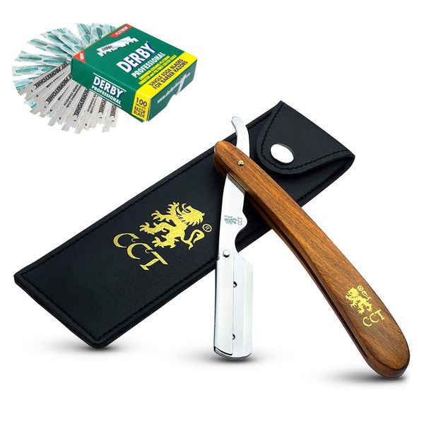 The Cambridge Cutthroat® Straight Edge Razor Kit with 10 Blades Missanda Hardwood & Stainless Steel Professional Barber Cut Throat Razor, Premium Mens Single Blade Razor Shaver, Moustache & Beard Shaper Trimmer, Leather Travel Pouch Included