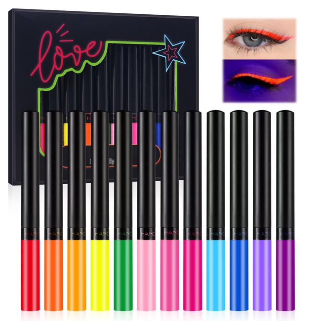 12 Farben Neon Liquid Eyeliner Set, Matte Schnell Trocknende Flüssige Eyeliner, Farbe UV Glow Eyeliner, Wasserfest und Langlebig Eyeliner für Halloween und Weihnachten