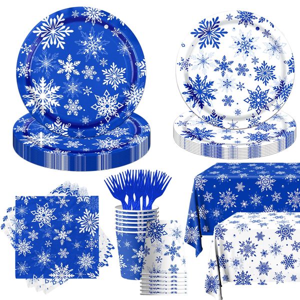 Snowflake Party Decorations Tableware,142pcs Blue White Winter Snowflake Paper Plates and Napkins Tablecloth Cup Disposable Frozen Birthday Party Decorations for Winter Holiday Christmas