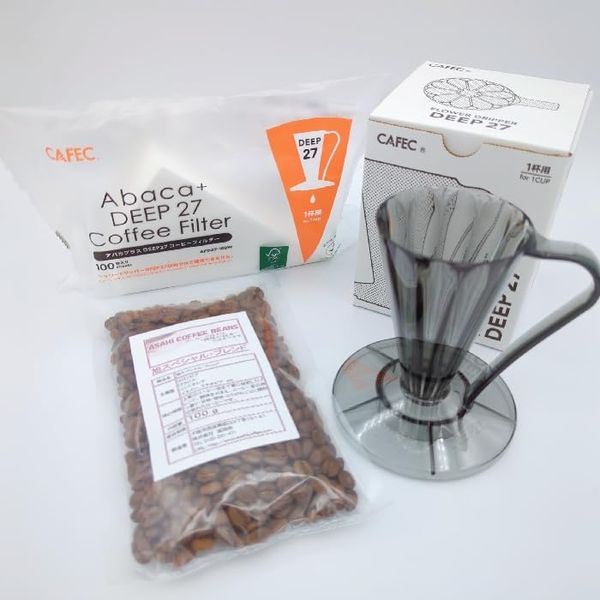 Coffee Bean Set, Flower Dripper DEEP27, Clear Black (1 Cup) FDD-27CB Abaca Plus (Bean Leave)