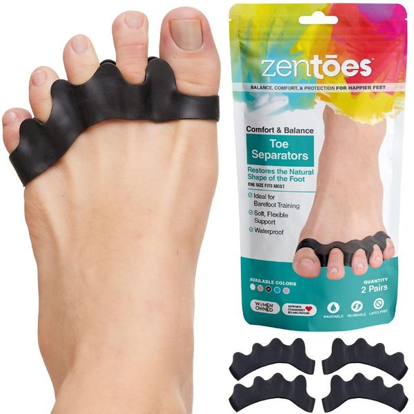 ZenToes Silicone Toe Spacers for Correct Toe Alignment, Bunion and Hammertoe Straighteners - 2 Pairs (Black)