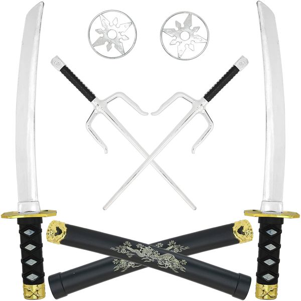 Skeleteen Ninja Sword Toy Set - Fighting Warrior Costume Set with Katana Swords, Sai Daggers, and Shuriken Stars - 6 Pieces