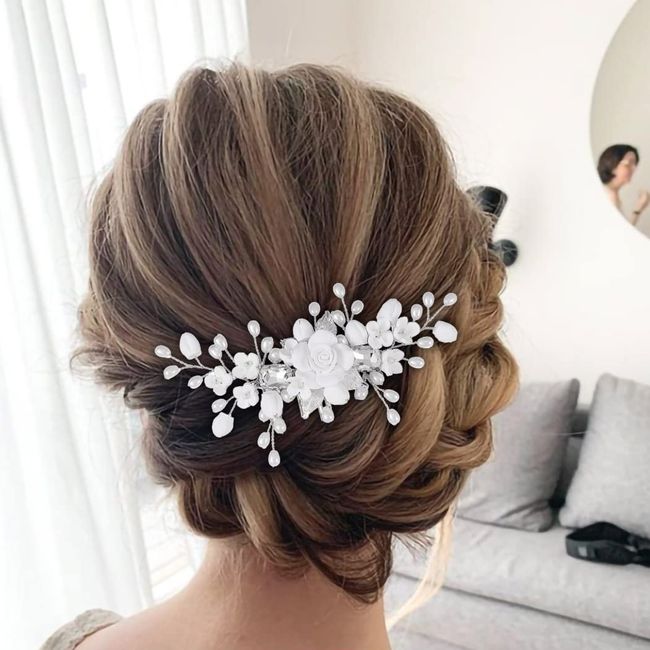 Belasa Braut Hochzeit Haarkamm Blume Haarschmuck Braut Perle Stirnband Kopfbedeckung für Frauen und Brautschmuck (Silber)