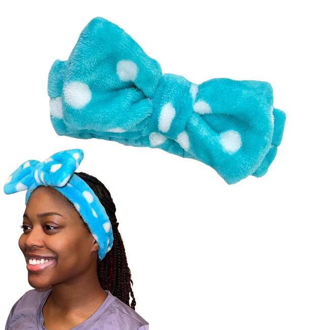 Joiful Cares Facial and Spa Bow Headband, Makeup and Mask HairBand of Towel Cloth and Microfiber Material, Great for Bath, Face Wash, Shower and Skin Care (Blue Polka Dot)