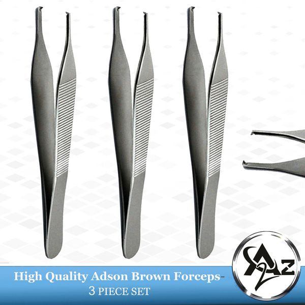 3 PCS O.R Grade Adson Tissue Forceps 4.75", 1x2 Toothed Dental Dressing Pliers