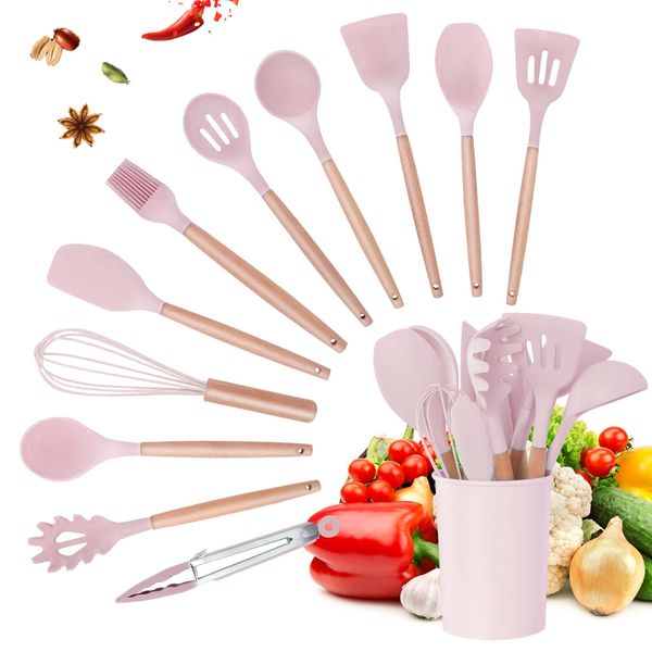 Trintion 12 Pcs Kitchen Utensils Set Silicone Cooking Utensil Non-Stick Heat Resistant Baking Cookware Tools with Holder, Spoons, Tongs, Turner (Pink)