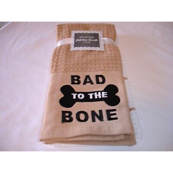 New! S/2 Embroidered Bad Dog Bone Pet Towel Hand Tea Towel Terry Cotton Towel