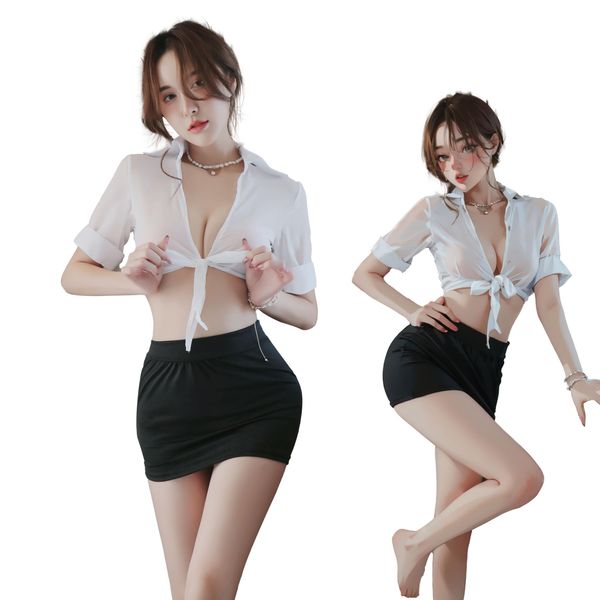 YISMate Female Teacher, Secretary, OL Teacher, Cosplay, Sexy, Ultra-extreme, Temptation, Tight Mini Skirt, Sexy Blouse + Mini Skirt, Sexy Lingerie, Pervert, Erotic Costume, Cute, Costume, 2-Piece Set,