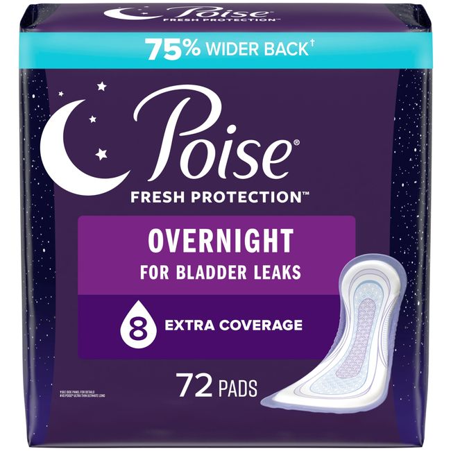 Poise Incontinence Pads & Postpartum Incontinence Pads, 8 Drop Overnight Absorbency, Extra-Coverage Length, 72 Pads (2 Packs of 36), Packaging May Vary