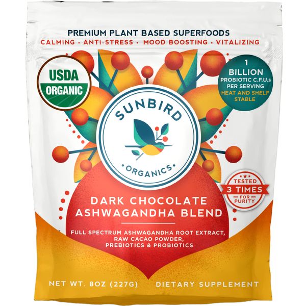 Chocolate Ashwagandha Powder Organic Healthy Hot Chocolate & Smoothie Mix with Probiotics, Organic Ashwagandha Root Extract, Cacao Powder & Prebiotic Fiber. Focused Calm. Stress Support. Made in USA.