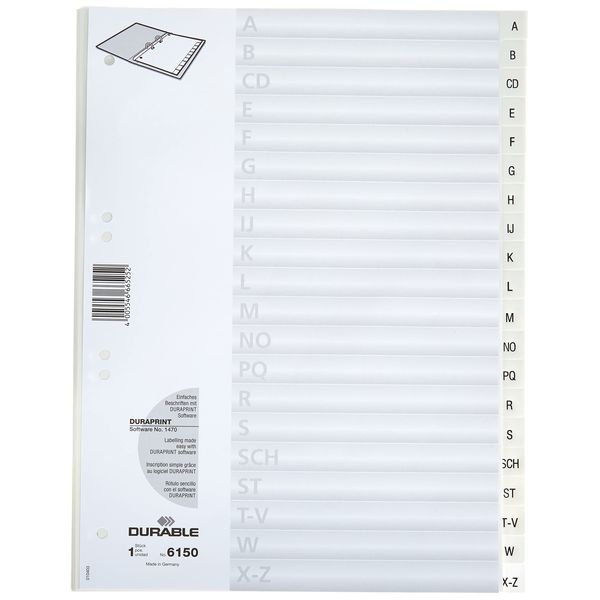 Durable A-Z Index Dividers | A4 Portrait Full Covering | Pack of 20 Dividers | White | Made in Germany