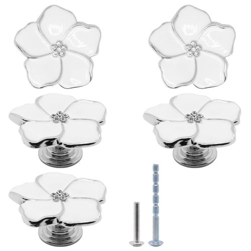 YuGtcen 5pcs Flower Cabinet Knobs, Floral Drawer Knobs Petal Flower Knob for Dresser, Cute Handles Pulls for Girl's Room, Cupboard, Kitchen, Wardrobe, Furniture (White Silver)