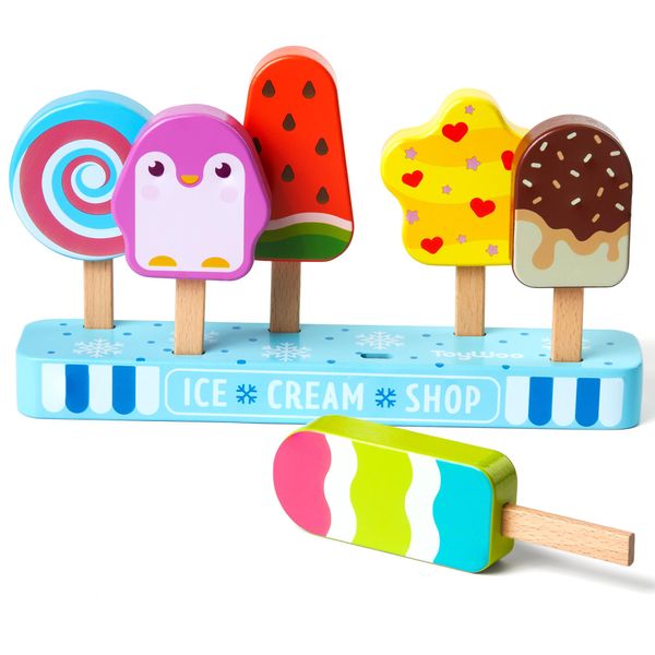 Holz-Eiscreme-Spielzeug für Kinder, Kleinkinder, Eis am Stiel, Pretend Play Food Toys Ice Cream Shop Spielset, Geschenke für Kinder im Alter von 3 4 5 6 Jahren