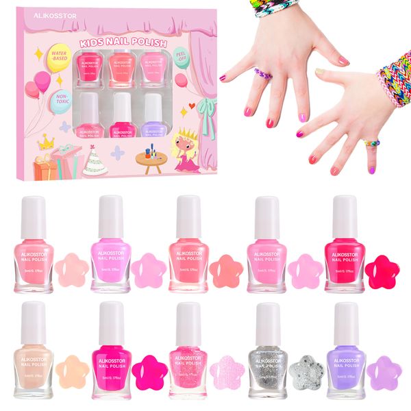 ALIKOSSTOR Kids Nail Polish - Quick Dry Non-Toxic Nail Polish Set for Girls, 10 Pink Colors Set Peel Off Water Based Nail Polish Toys Kit for Toddler Teen